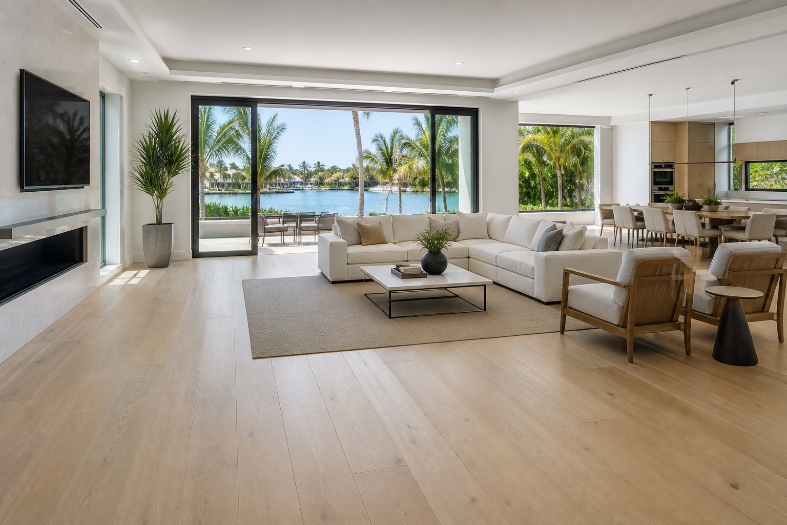 Wide plank light oak flooring in a bright living room