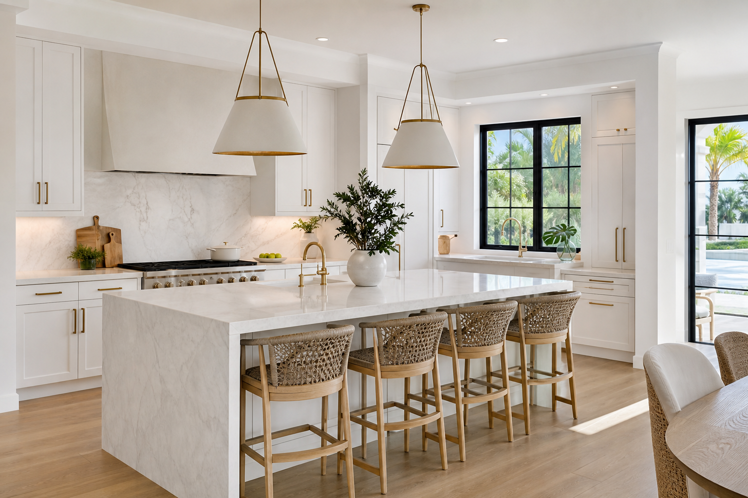 Modern white kitchen with marble island after remodel