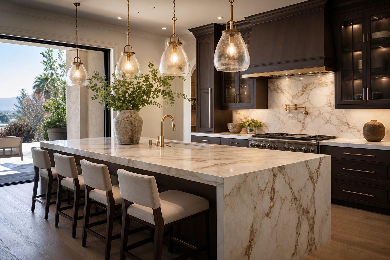 Marble kitchen island with bar stools