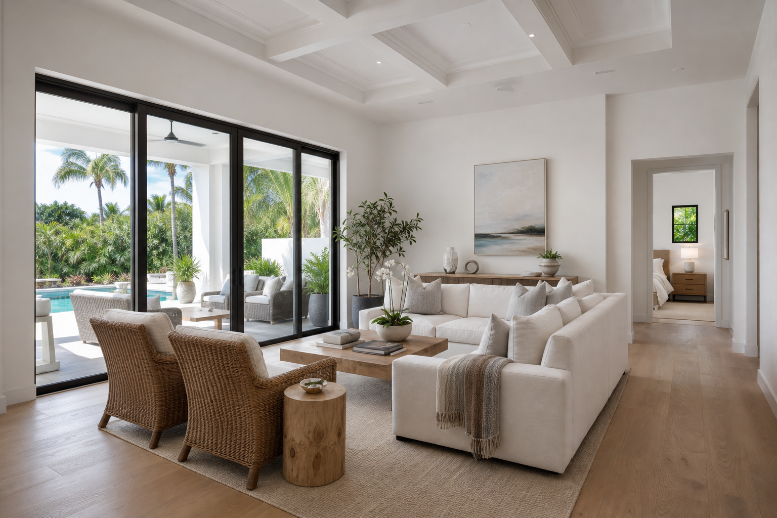 Bright living room opening to a patio after renovation