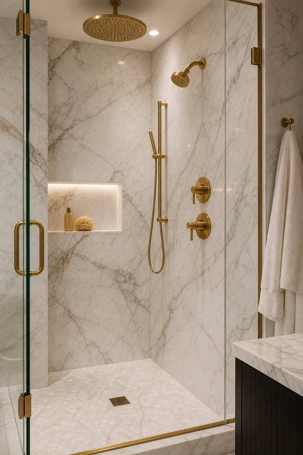 Walk-in shower with gold fixtures and marble tile