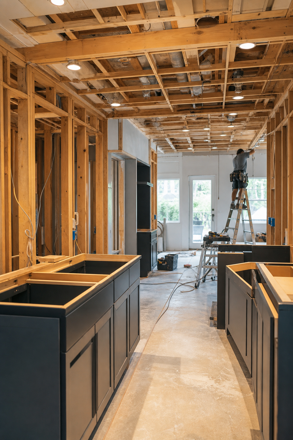 Kitchen remodel under construction with cabinetry install in progress